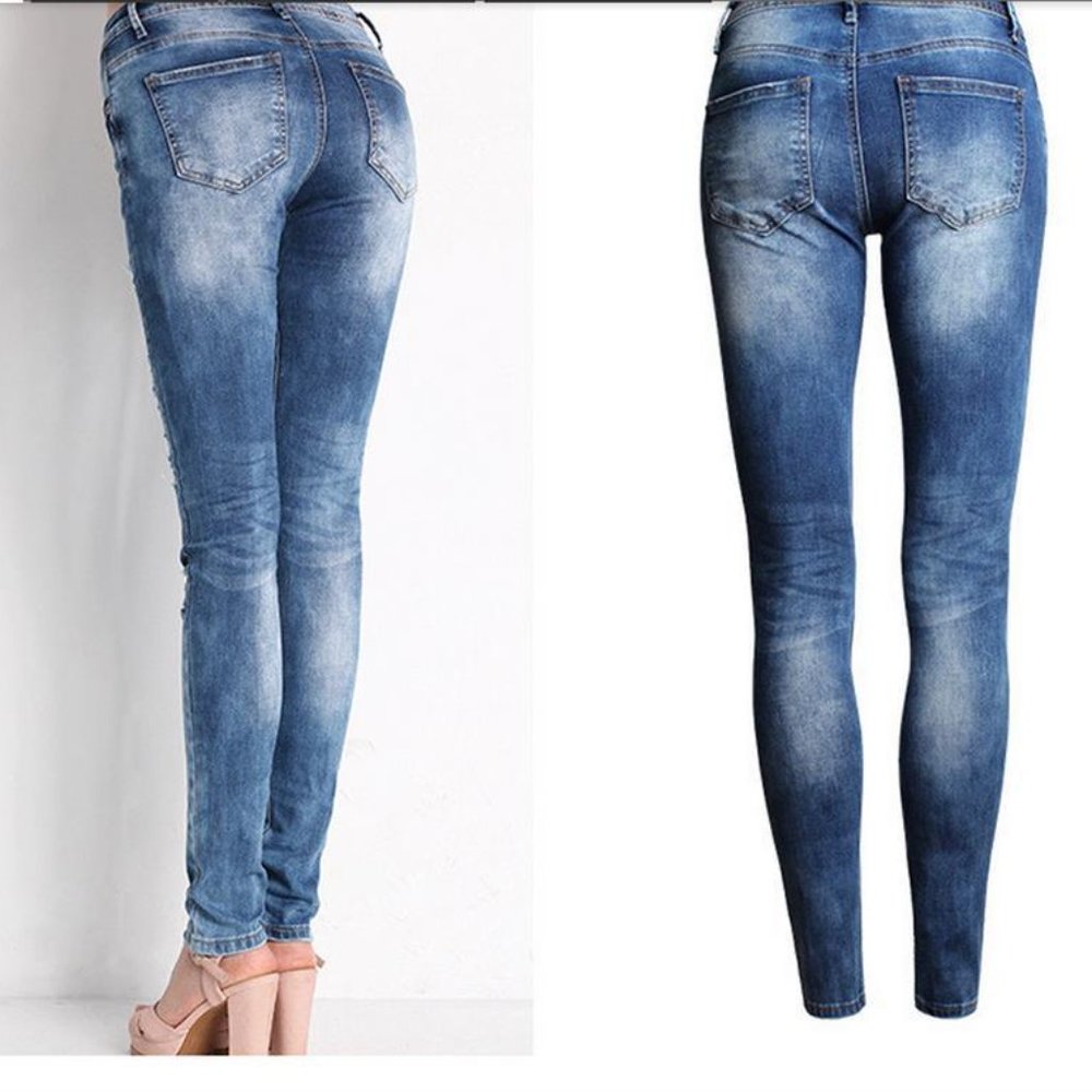 Mid Rise Distressed Skinny Jeans Stretch Ripped Blue Denim Slim Fit Women - Picture 6 of 9